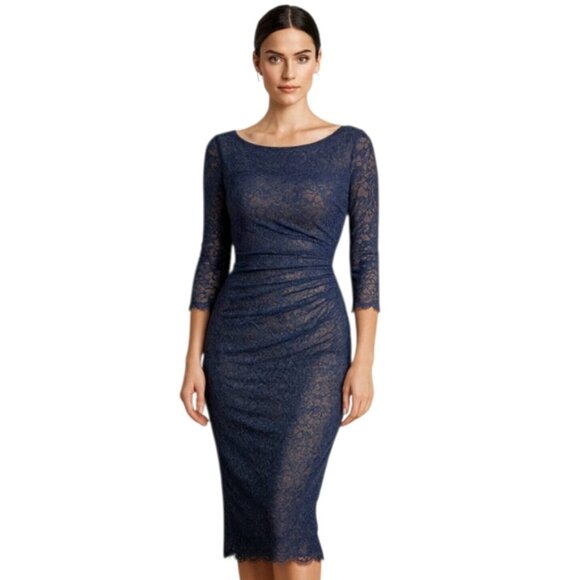 Reiss Dark Blue Sheer Lace Underlay Ruched Bodycon Midi Dress - Picture 1 of 11